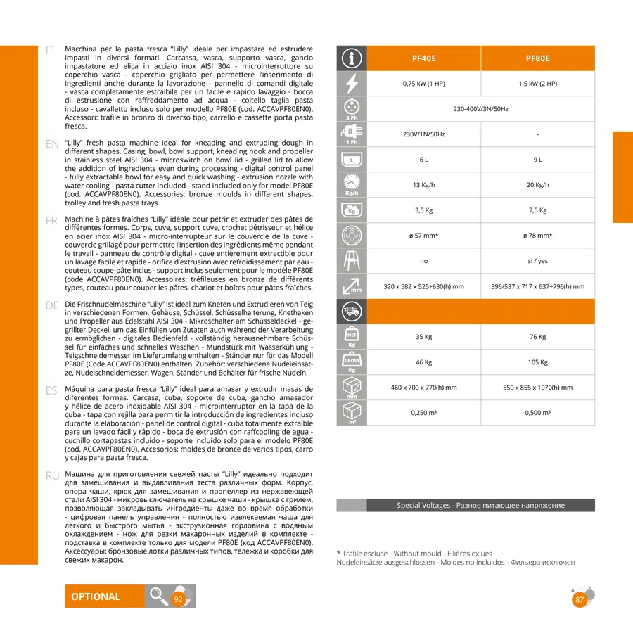 Pagina 87 del catalogo relativa a Macchina pasta fresca PF80E, codice PF80E