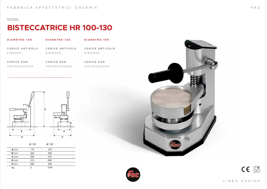 Pagina 93 del catalogo relativa a Bisteccatrice FAC diametro 130 mm, codice 6/BIS002