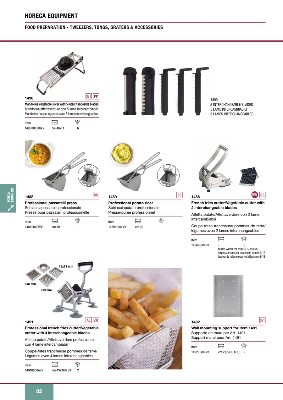 Pagina 84 del catalogo relativa a Affetta patate/Affettaverdure con 2 lame intercambiabili, codice 14860000IVV
