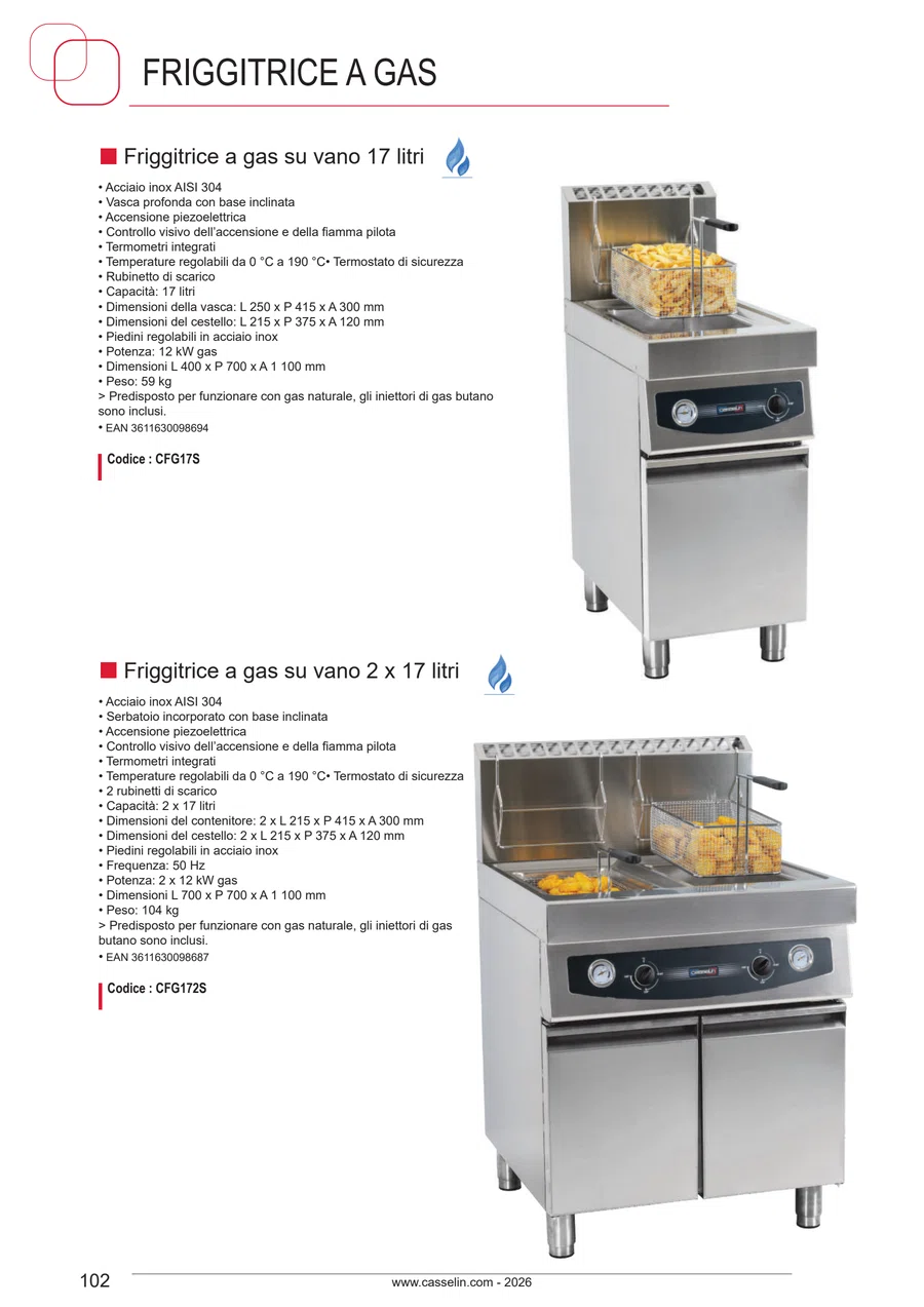 Pagina 102 del catalogo relativa a Friggitrice a gas su vano 2 x 17 litri, codice CFG172S