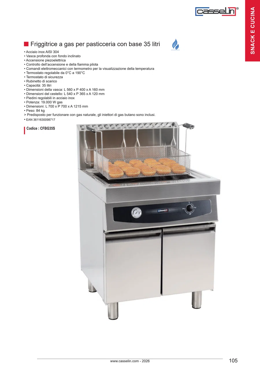 Pagina 105 del catalogo relativa a Friggitrice a gas per pasticceria con base 35 litri, codice CFBG35S