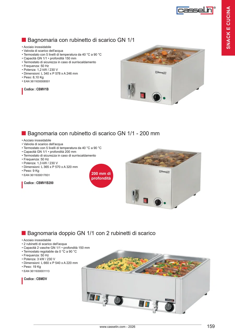 Pagina 159 del catalogo relativa a Bagnomaria con rubinetto di scarico GN 1/1 CASSELIN CBMV1B, codice CBMV1B