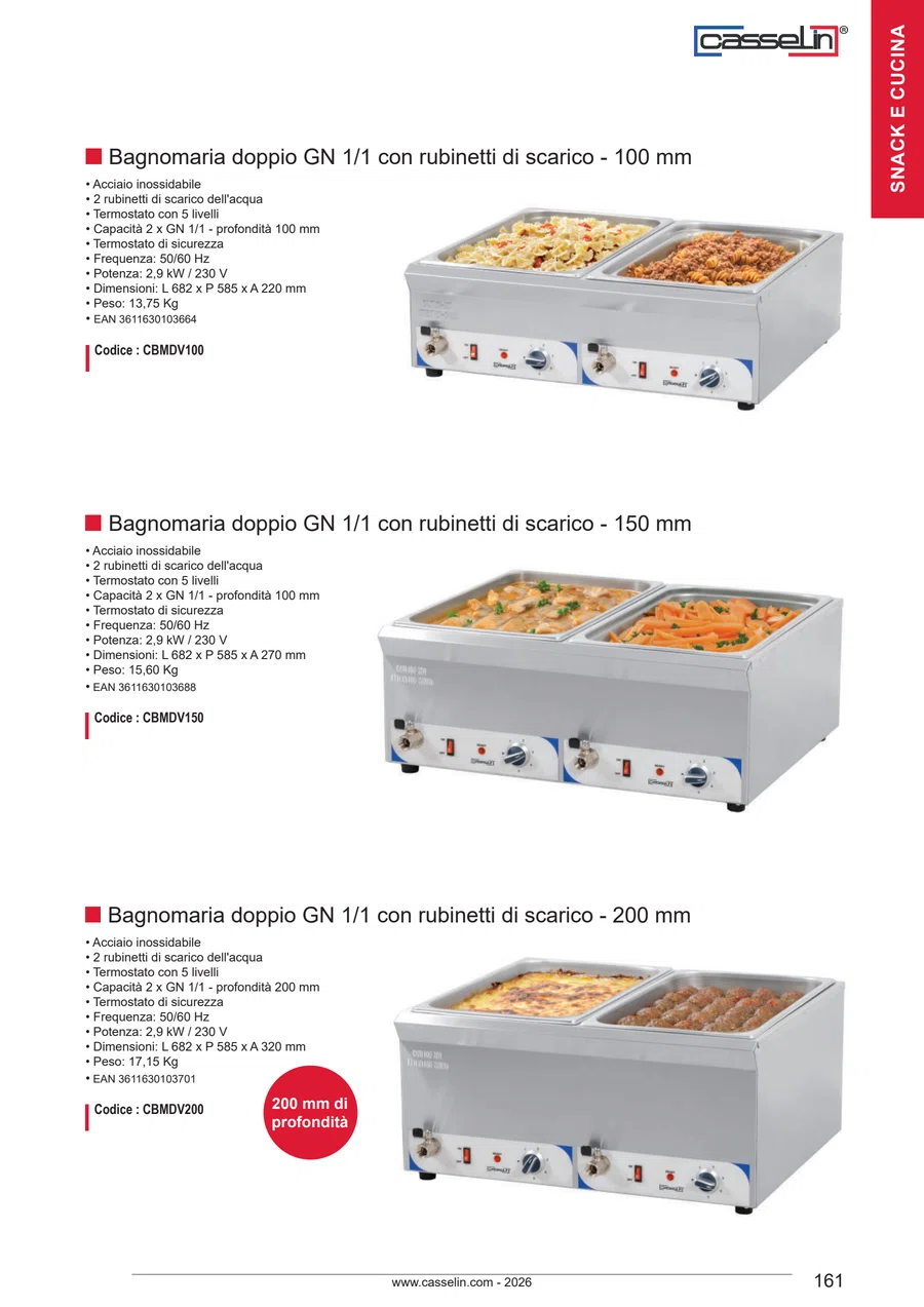 Pagina 161 del catalogo relativa a Bagnomaria doppio GN 1/1 con rubinetti di scarico - 100 mm CASSELIN CBMDV100, codice CBMDV100