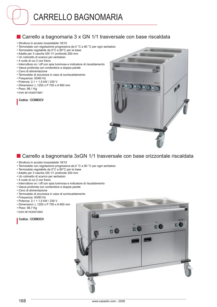 Pagina 168 del catalogo relativa a Carrello a bagnomaria 3xGN 1/1 trasversale con base orizzontale riscaldata CASSELIN CCBM3CH, codice CCBM3CH