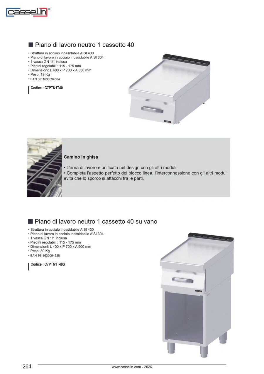Pagina 264 del catalogo relativa a Piano di lavoro neutro 1 cassetto 40 su vano, codice C7PTN1T40S