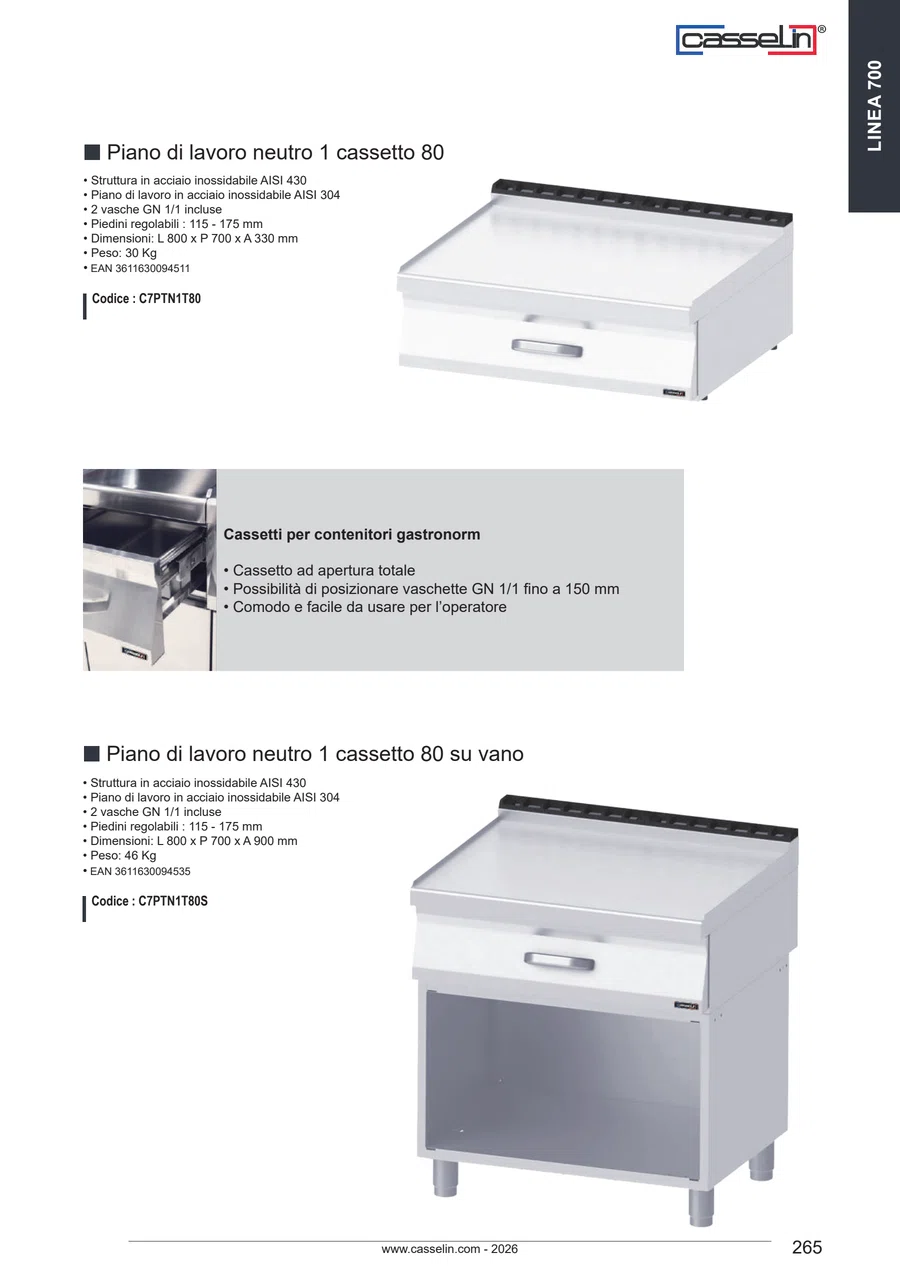 Pagina 265 del catalogo relativa a Piano di lavoro neutro 1 cassetto 80, codice C7PTN1T80