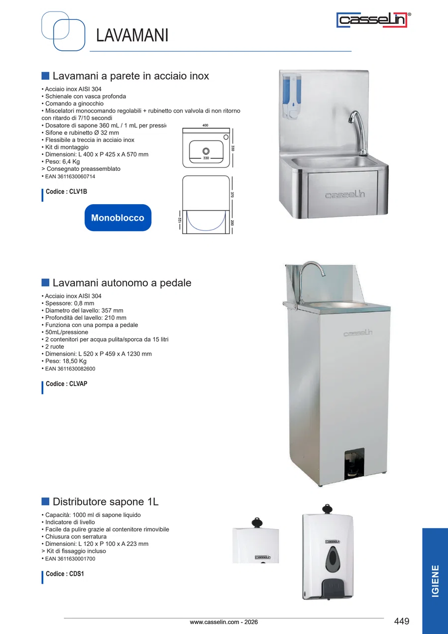 Pagina 429 del catalogo relativa a Lavamani a parete in acciaio inox, codice CLV1B